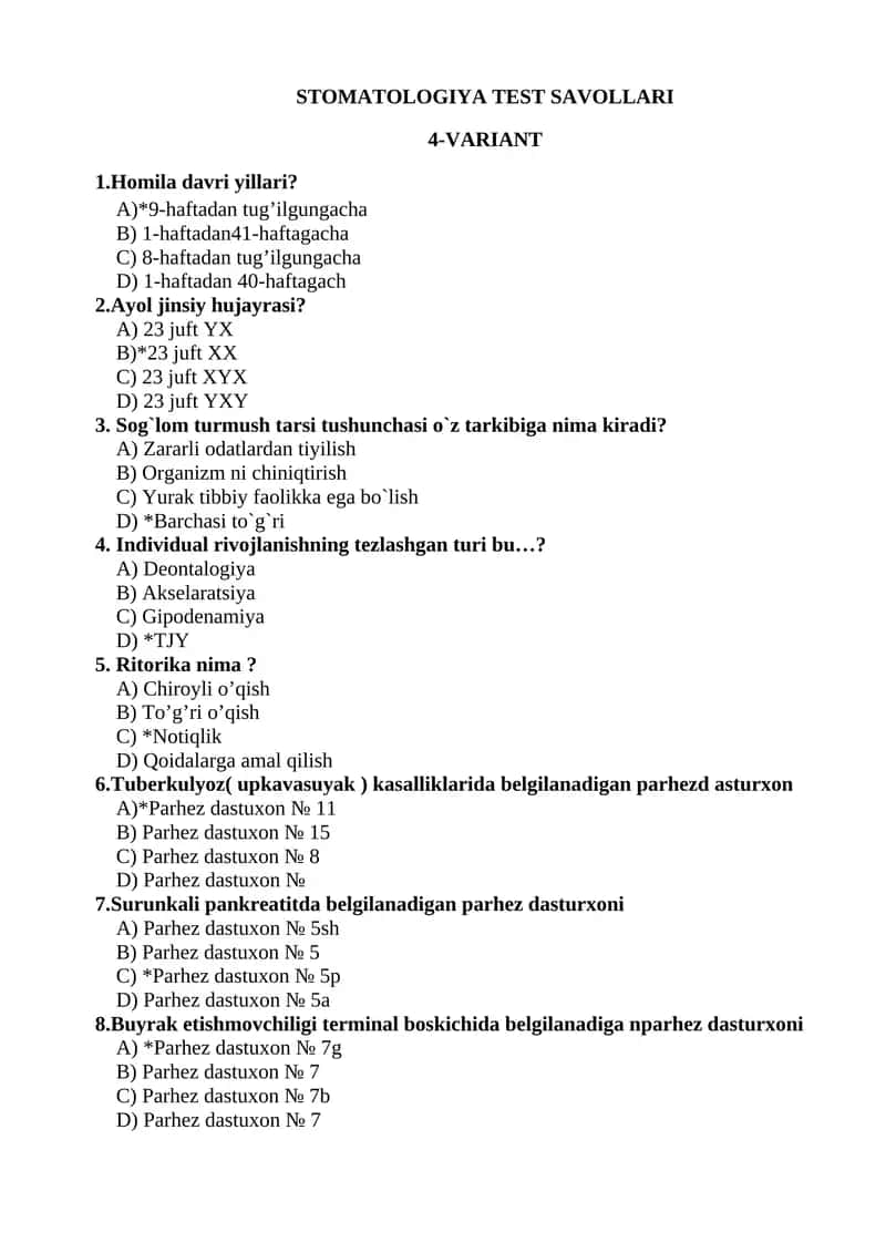 STOMATOLOGIYA TEST SAVOLLARI