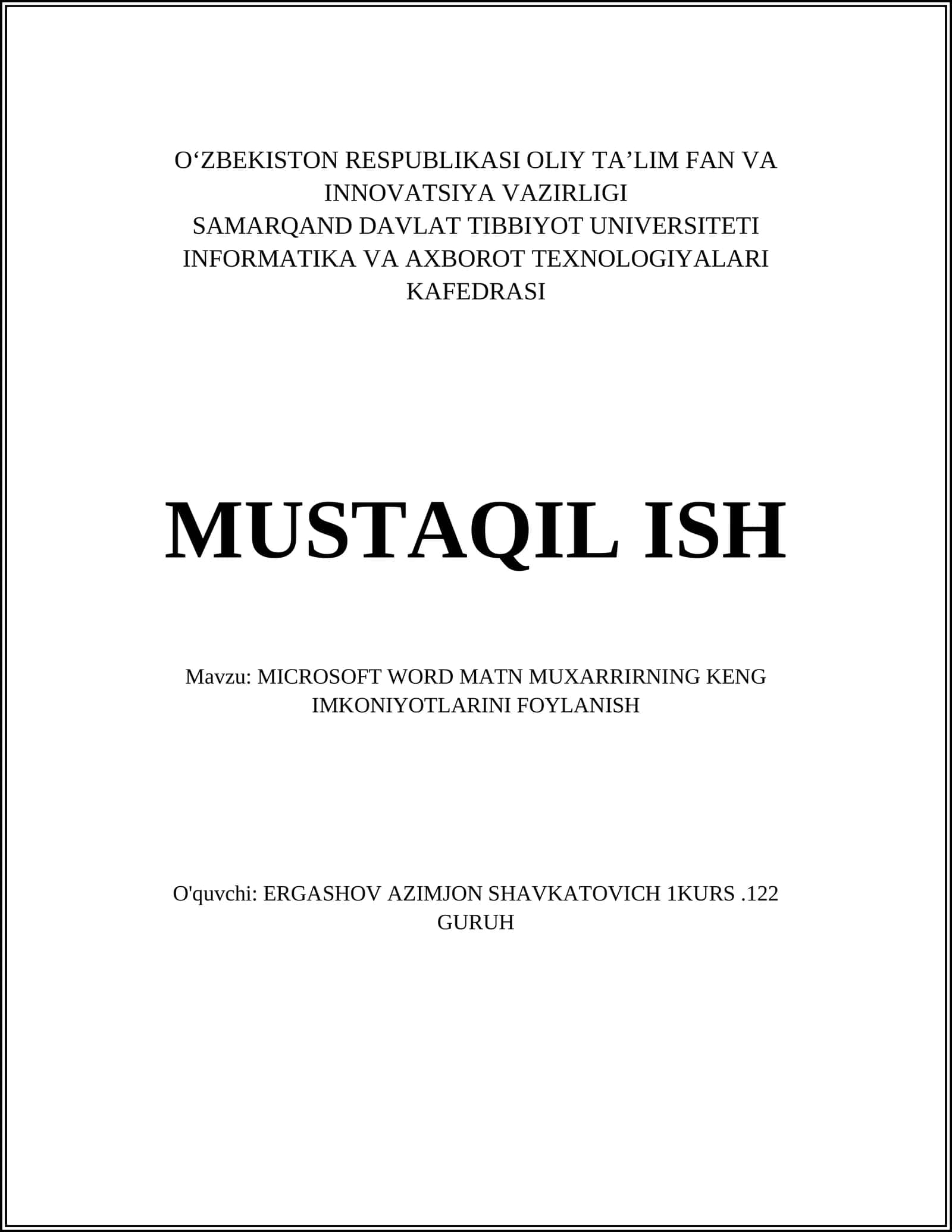 MICROSOFT WORD MATN MUXARRIRNING KENG IMKONIYOTLARINI FOYLANISH
