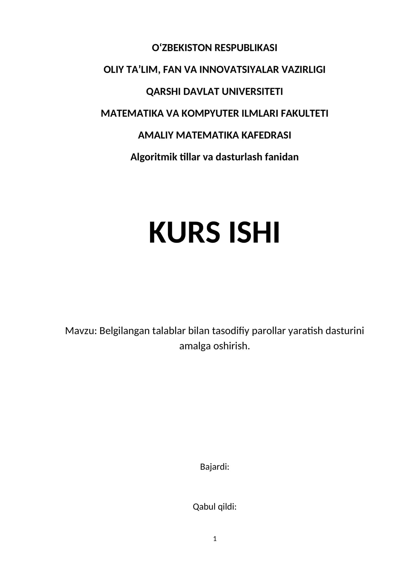 Algoritmik tillar va dasturlash fanidan KURS ISHI