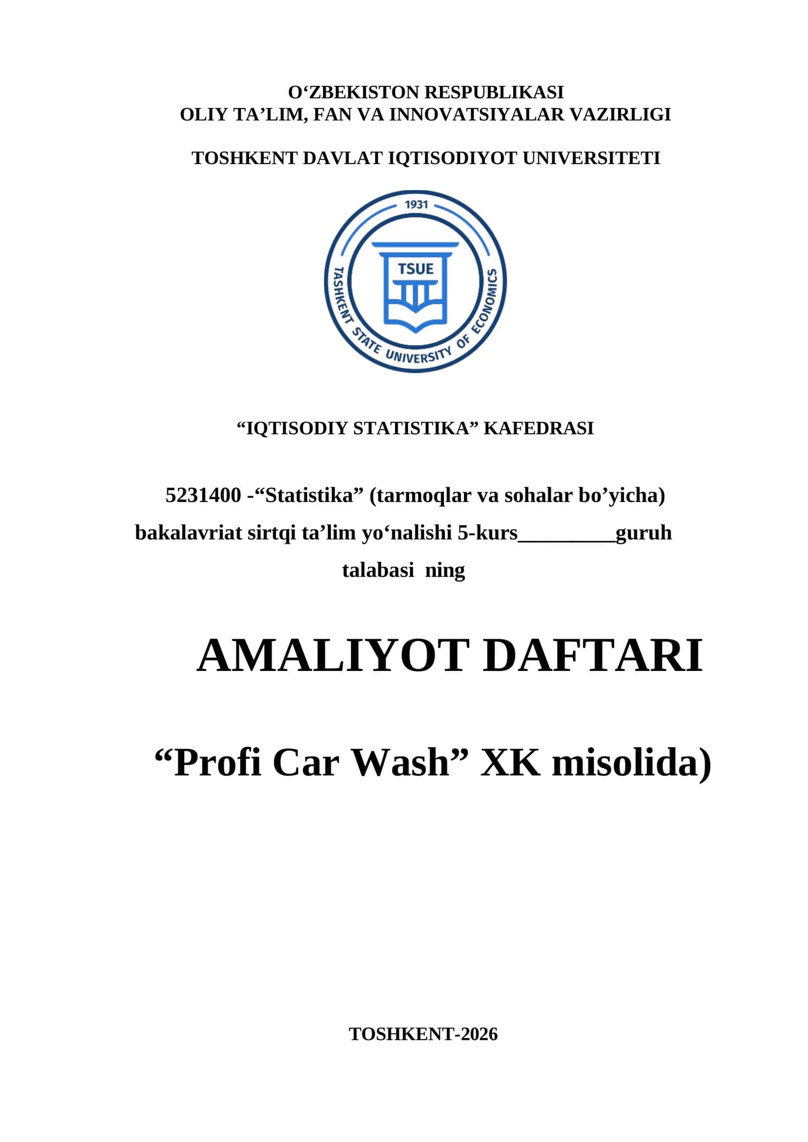 “Profi Car Wash” XK misolida amaliyot hisobot "Tayyor amaliyot hisoboti: Buxgalteriya va Statistika (Avtoyuvish shaxobchasi misolida)"