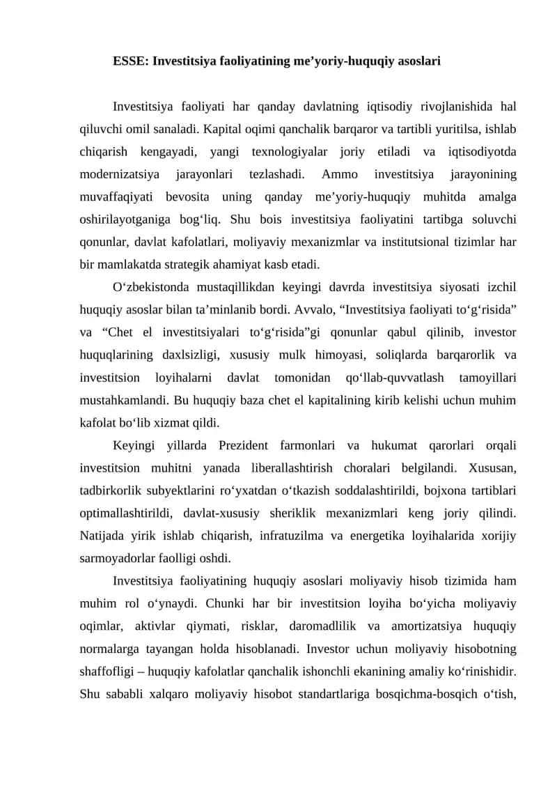 Investitsiya faoliyatining me’yoriy-huquqiy asoslari