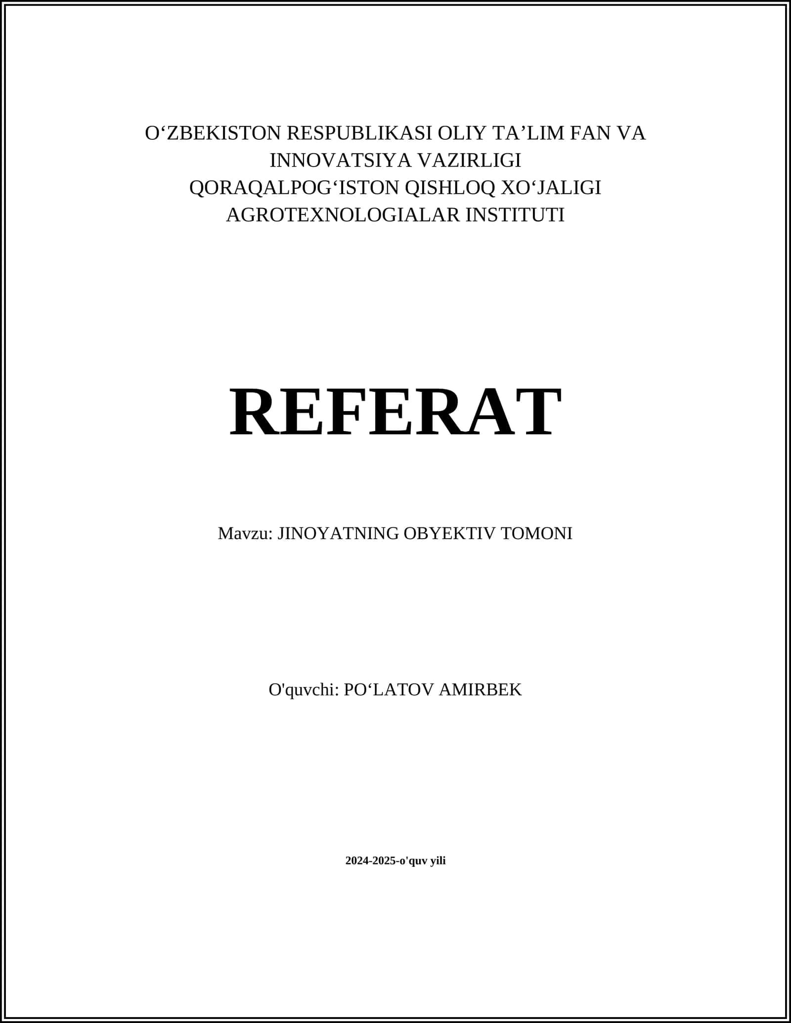 JINOYATNING OBYEKTIV TOMONI