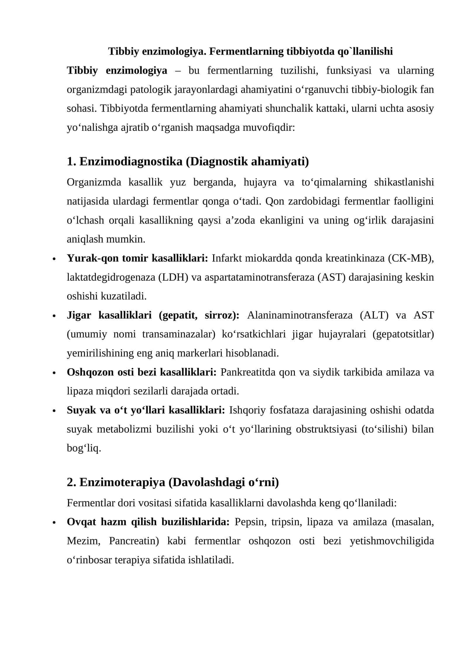 Tibbiy enzimologiya. Fermentlarning tibbiyotda qo`llanilishi