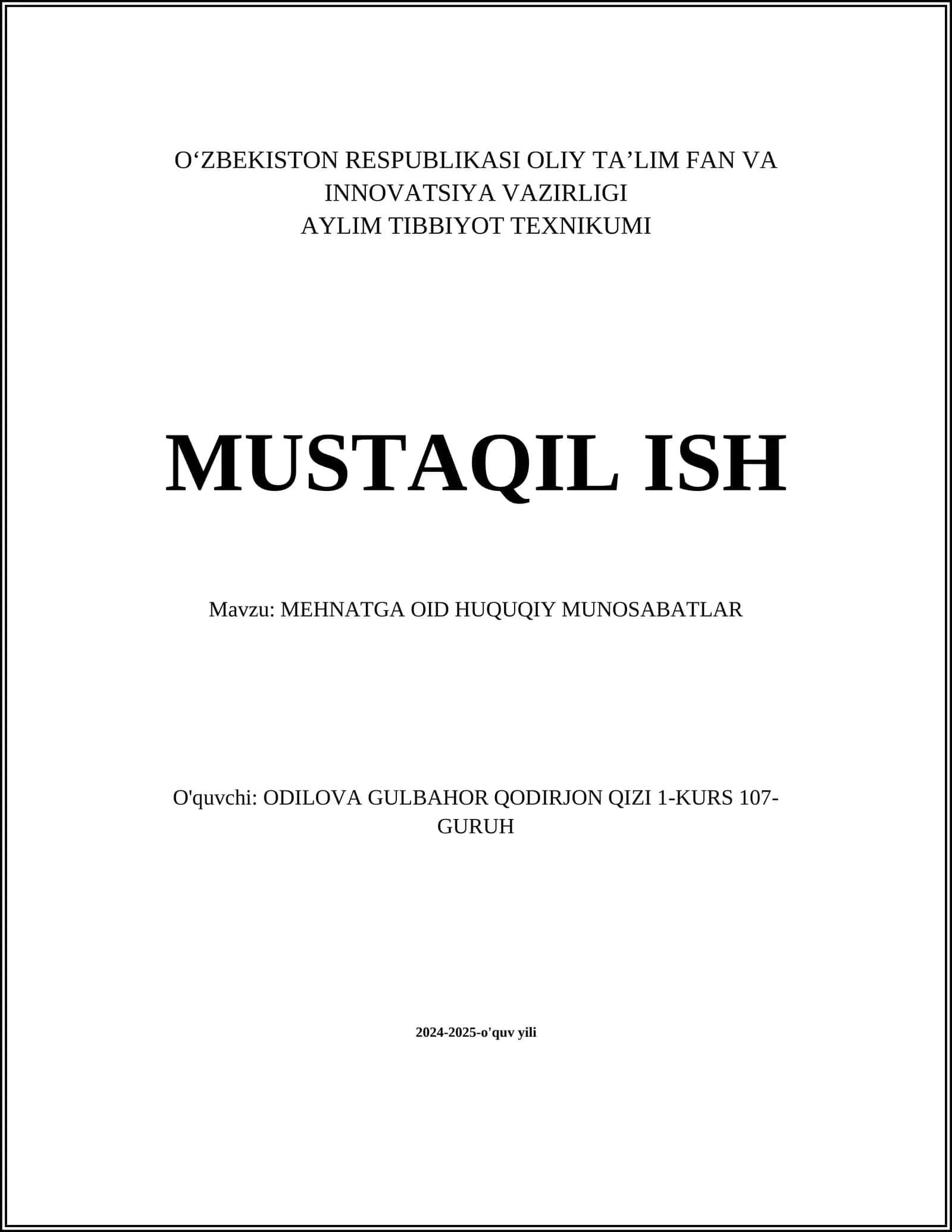 MEHNATGA OID HUQUQIY MUNOSABATLAR