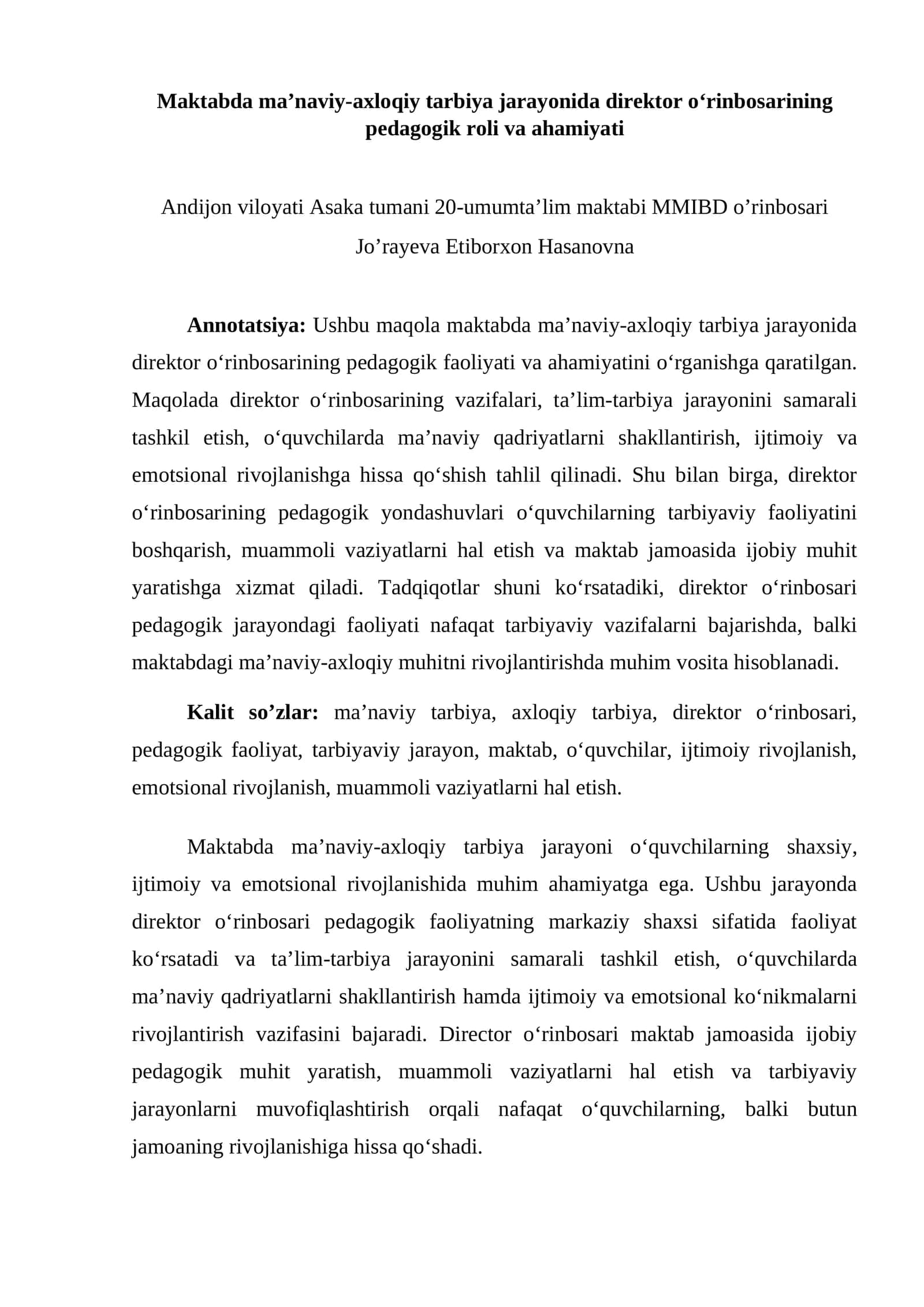 Maktabda ma’naviy-axloqiy tarbiya jarayonida direktor o‘rinbosarining pedagogik roli va ahamiyati