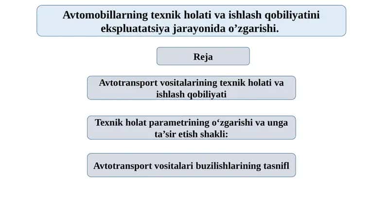 Avtomobillarning texnik holati va ishlash qobiliyatini ekspluatatsiya jarayonida o’zgarishi