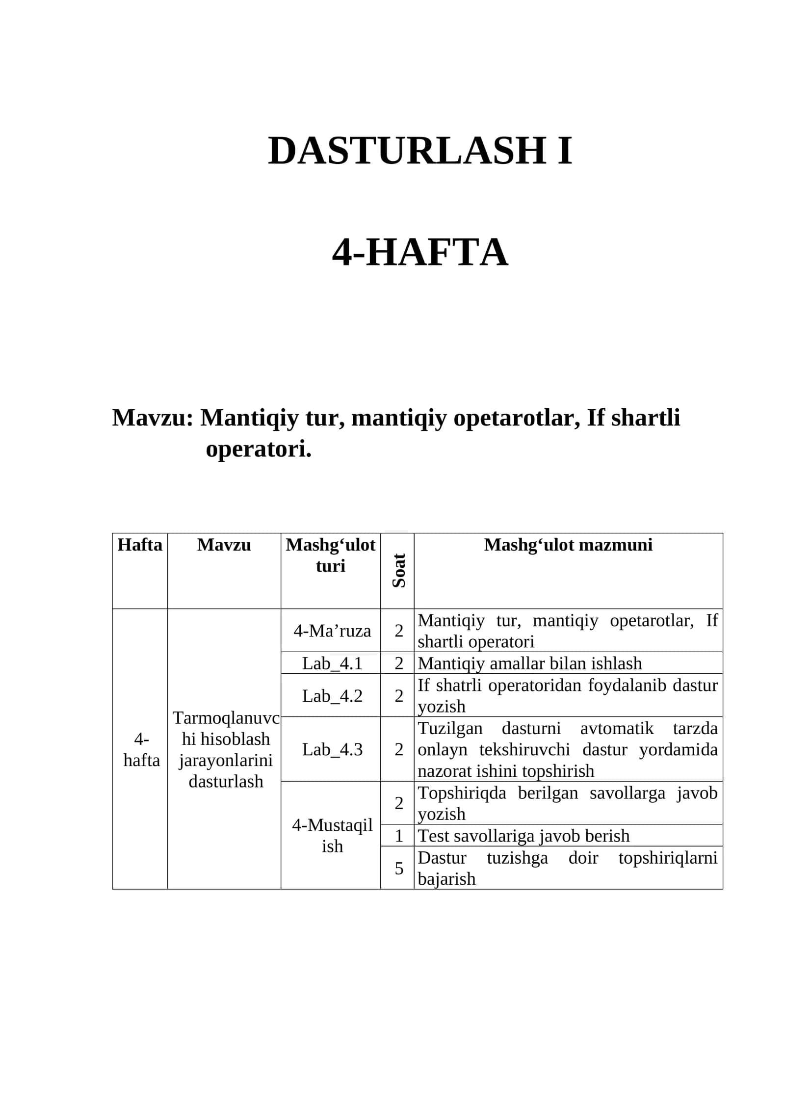 MANTIQIY TUR, MANTIQIY OPETAROTLAR, IF SHARTLI OPERATORI