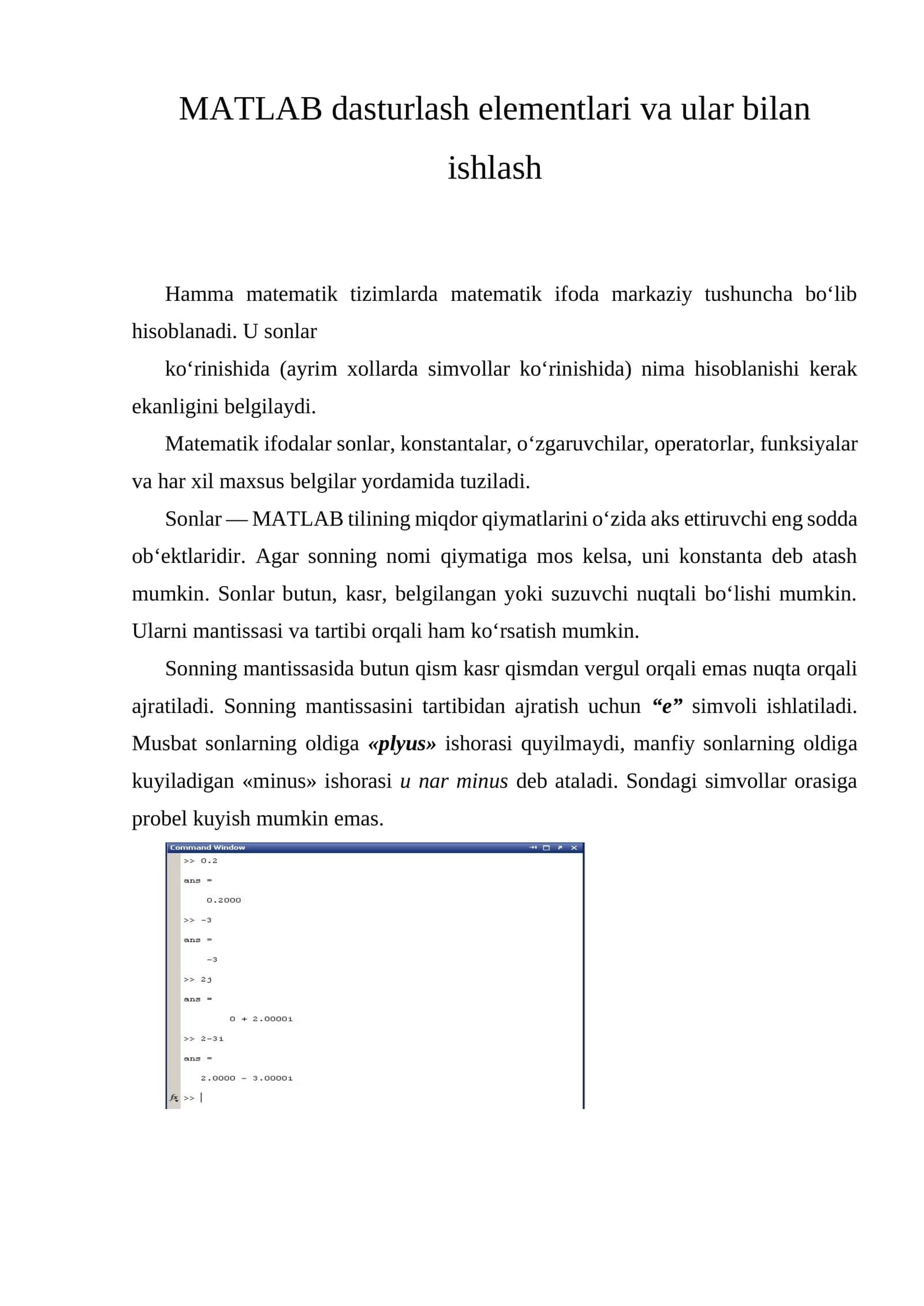 MATLAB dasturlash elementlari va ular bilan ishlash