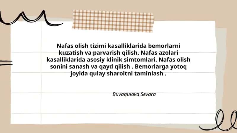 Nafas olish tizimi kasalliklarida bemorlarni kuzatish va parvarish qilish