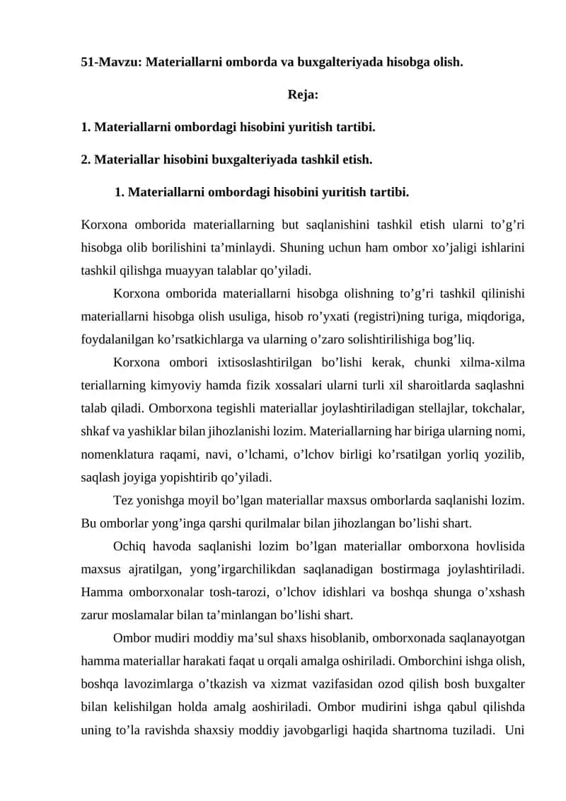 Materiallarni omborda va buxgalteriyada hisobga olish