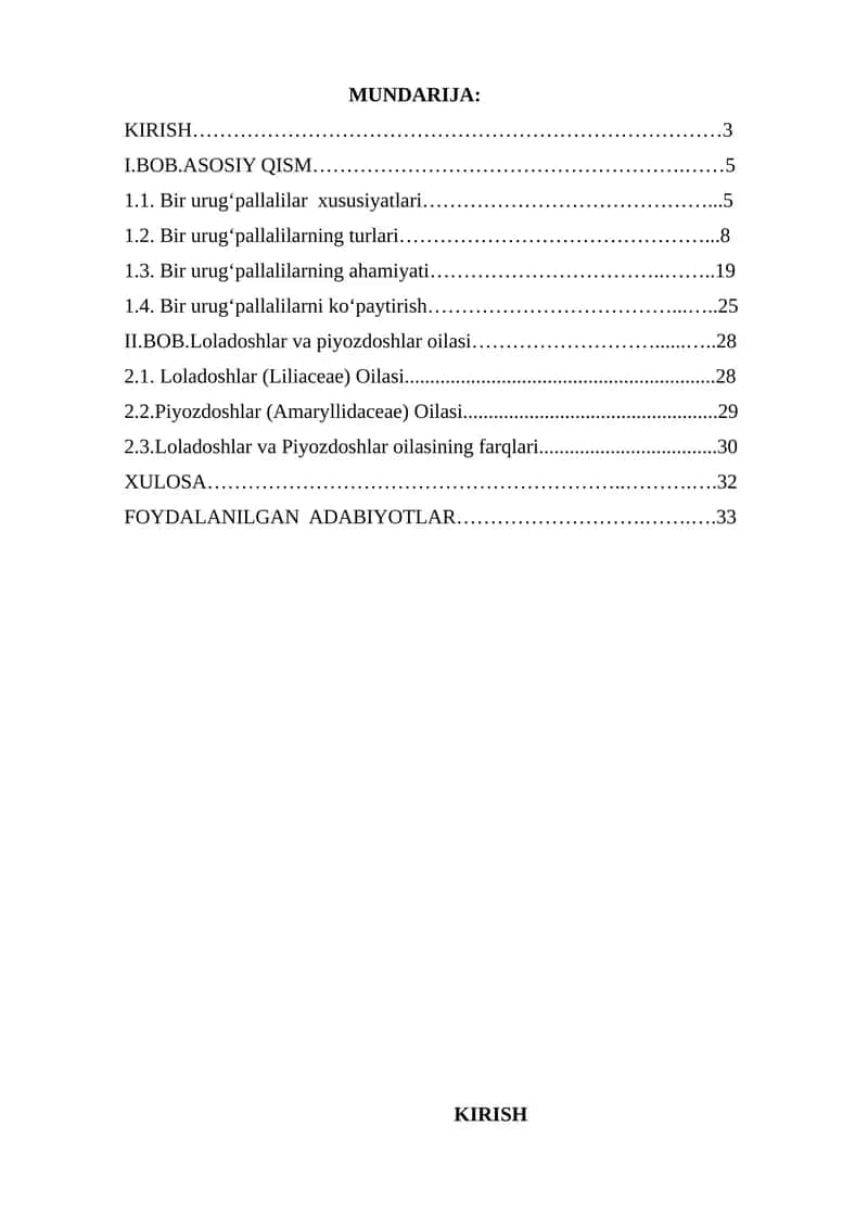 Bir urug‘pallalilar sinfi (Monocotyledonales) o‘simliklar olamining eng muhim sinflaridan biri