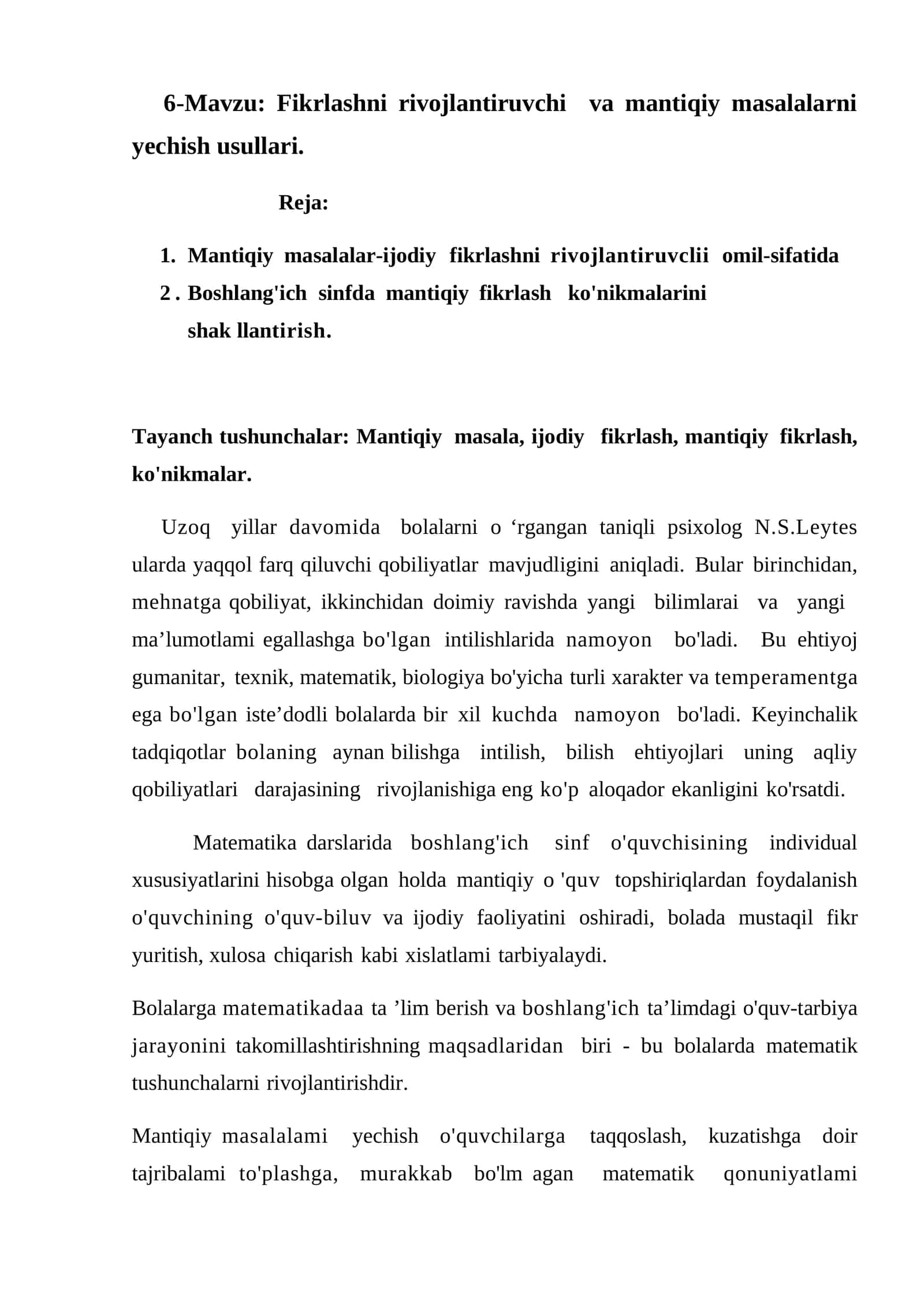 Fikrlashni rivojlantiruvchi va mantiqiy masalalarni yechish usullari