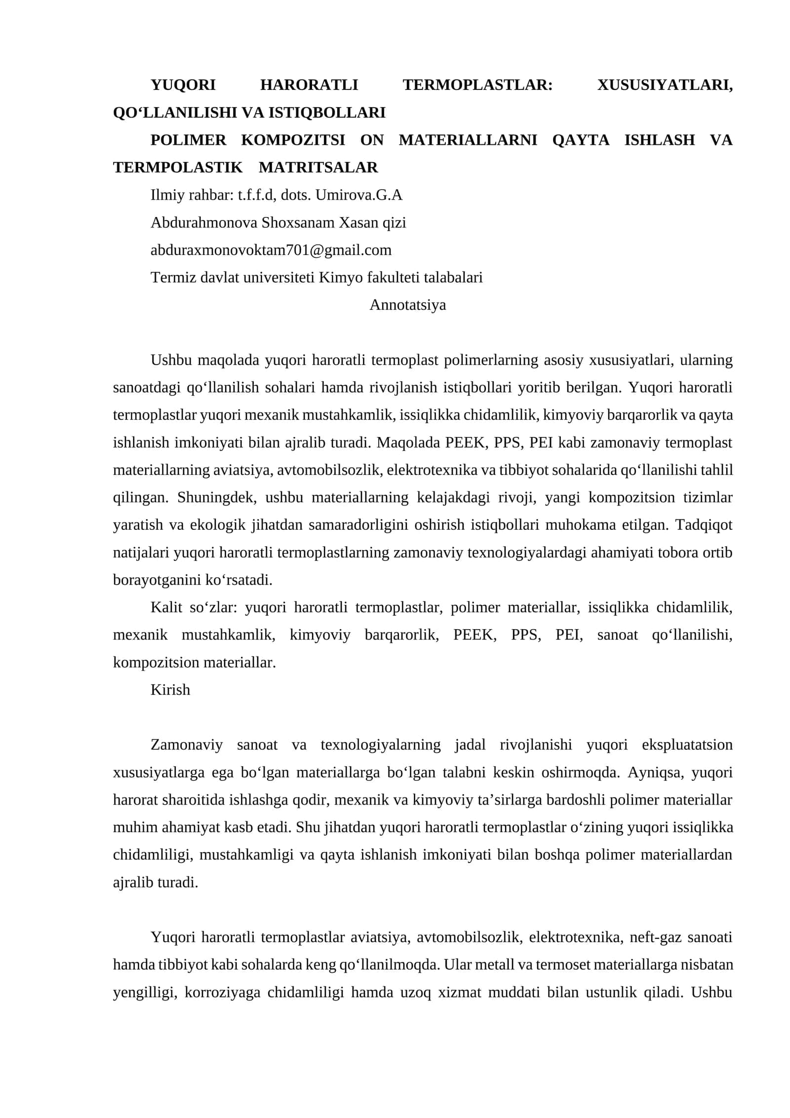 YUQORI HARORATLI TERMOPLASTLAR: XUSUSIYATLARI, QO‘LLANILISHI VA ISTIQBOLLARI
