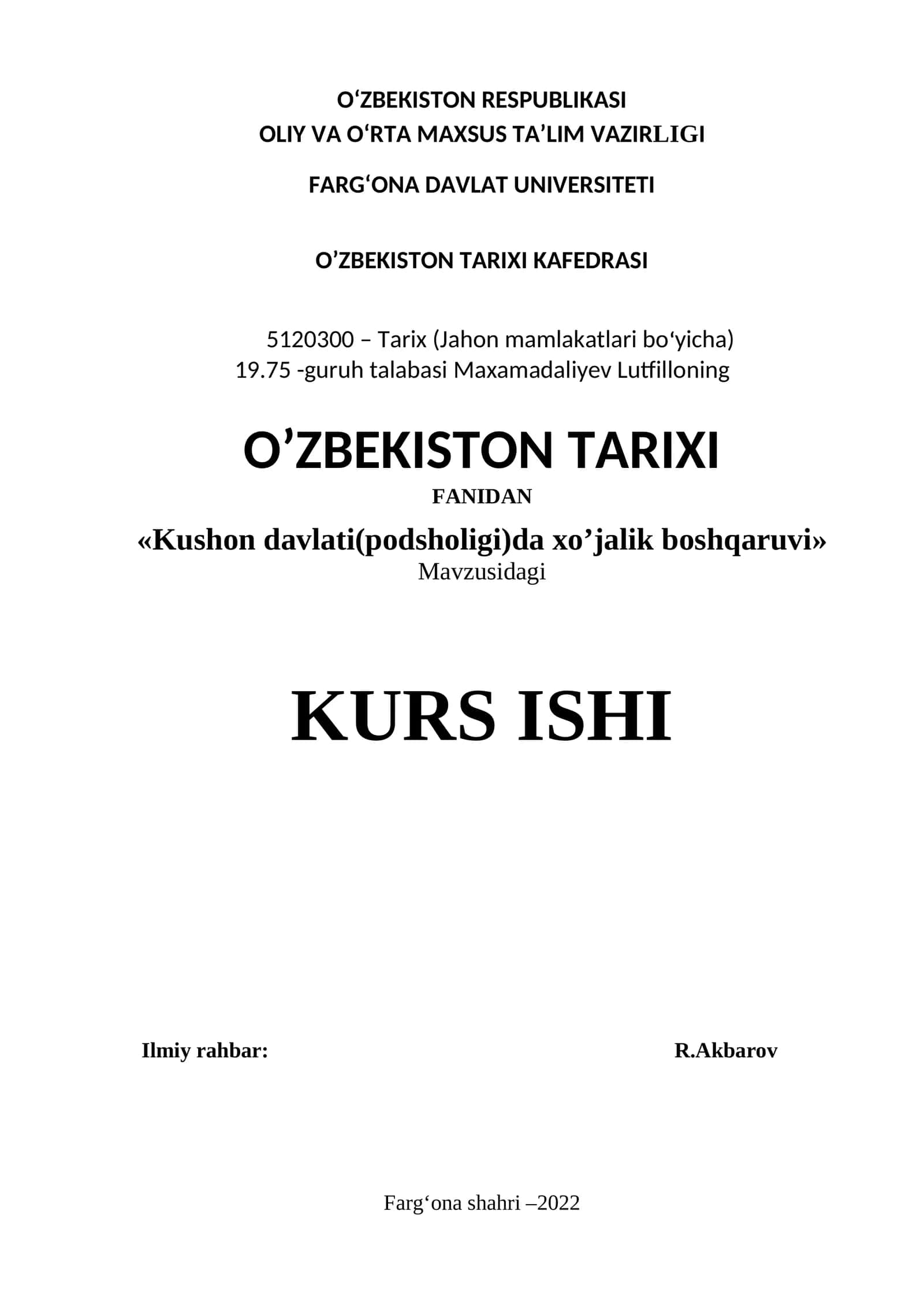 Kushon davlati(podsholigi)da xo’jalik boshqaruvi