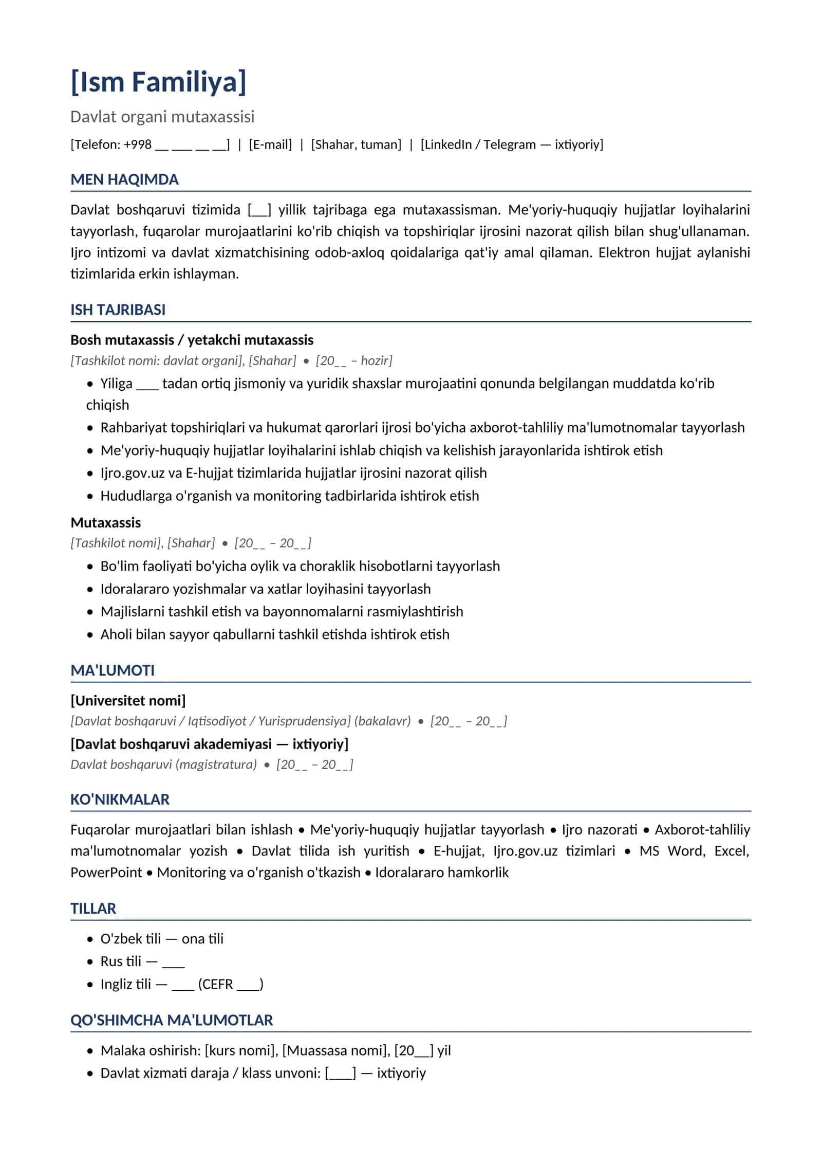 Rezyume namunasi Davlat xizmatchisi mutaxassis