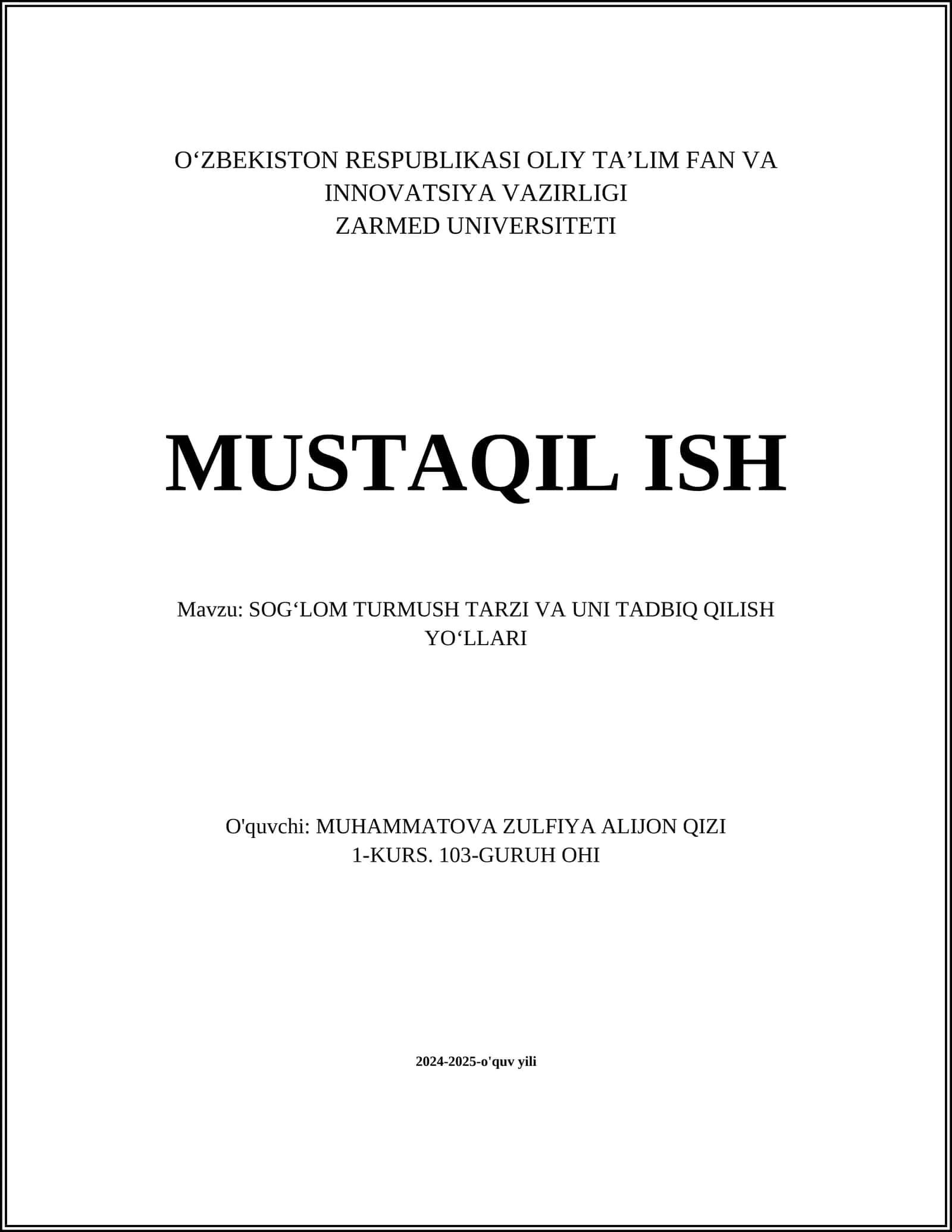 SOGʻLOM TURMUSH TARZI VA UNI TADBIQ QILISH YOʻLLARI