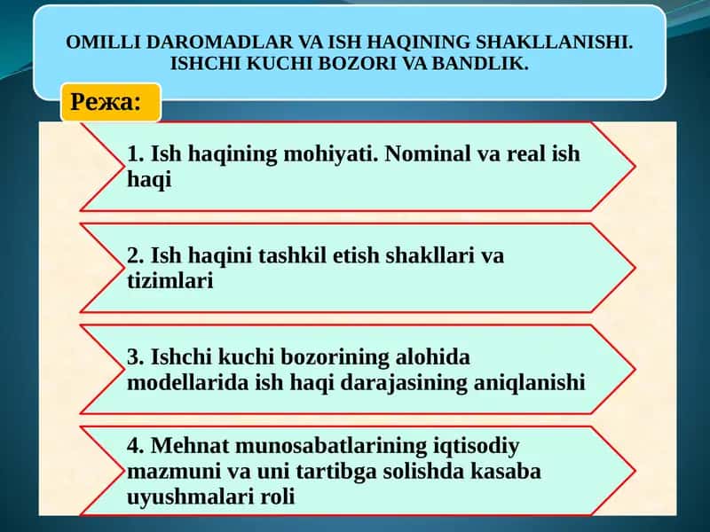 OMILLI DAROMADLAR VA ISH HAQINING SHAKLLANISHI. ISHCHI KUCHI BOZORI VA BANDLIK