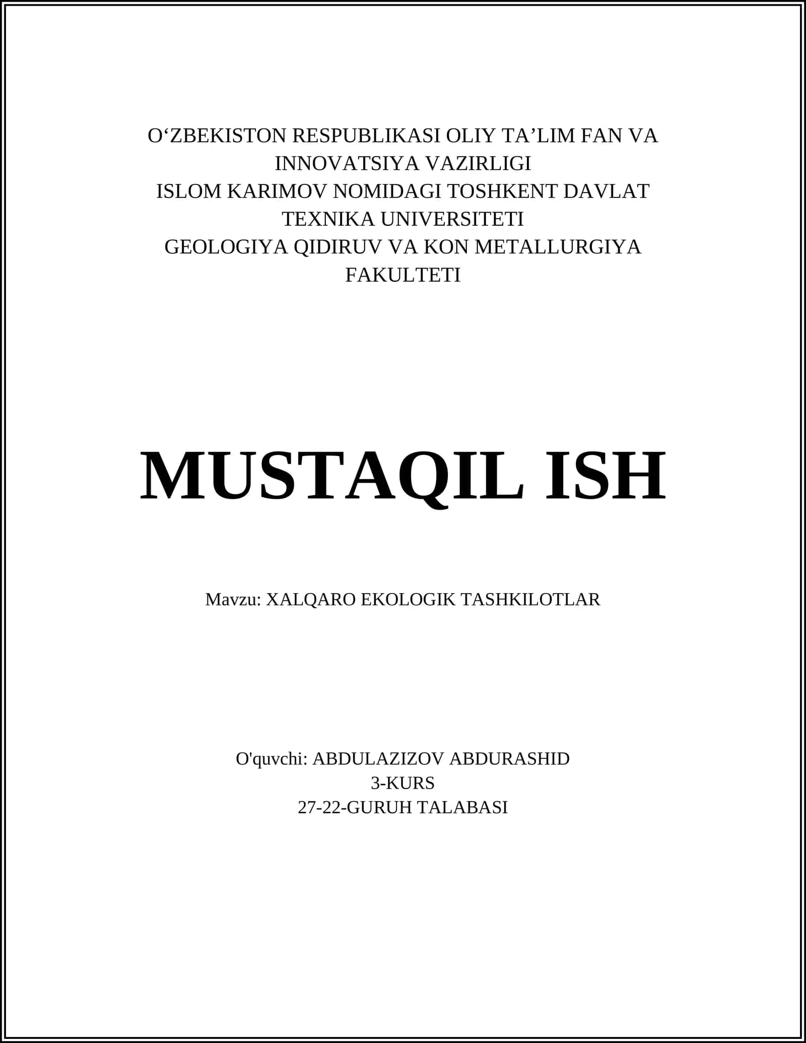 XALQARO EKOLOGIK TASHKILOTLAR