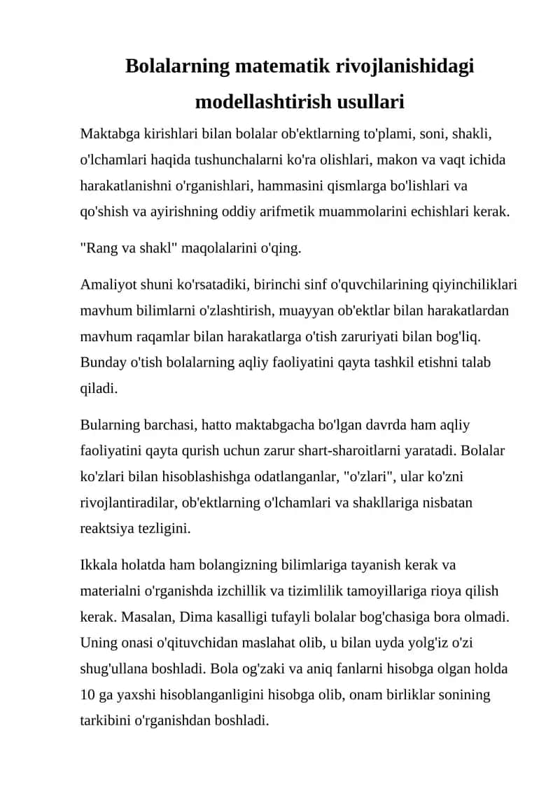 Bolalarning matematik rivojlanishidagi modellashtirish usullari