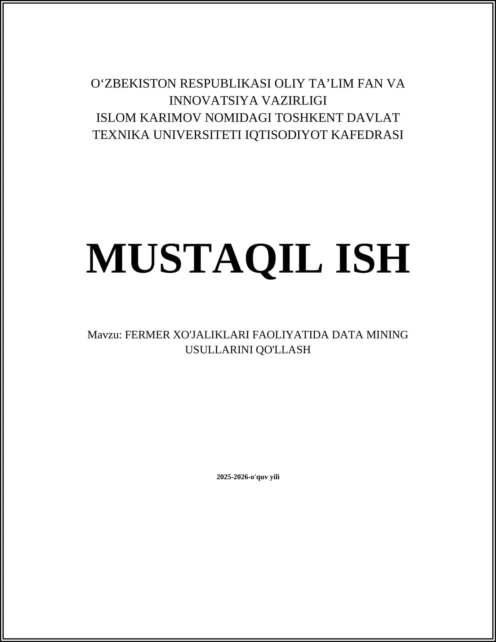 FERMER XO'JALIKLARI FAOLIYATIDA DATA MINING USULLARINI QO'LLASH