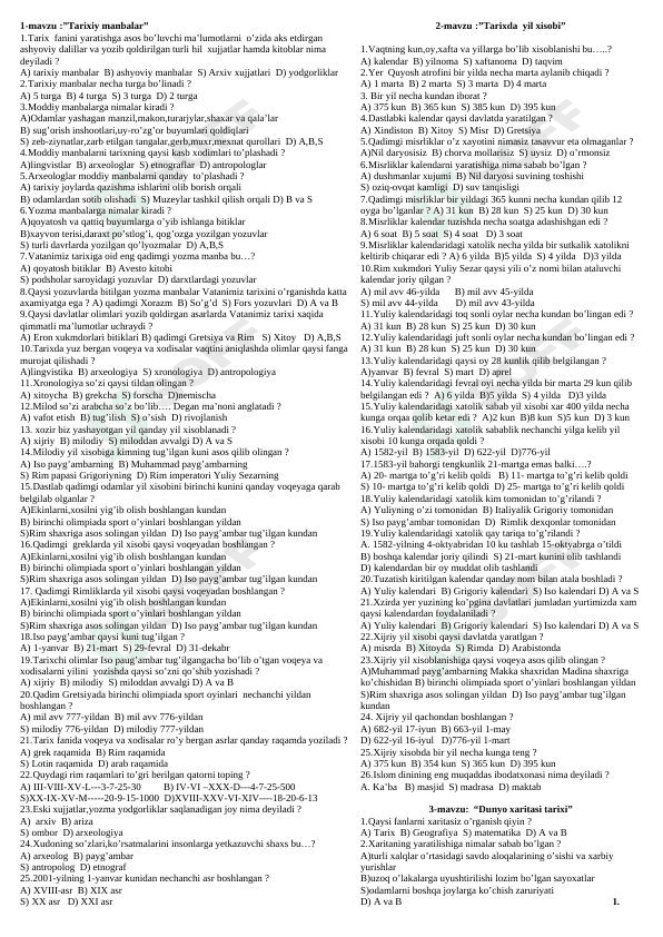 Tarix fanidan mavzulashtirilgan testlar