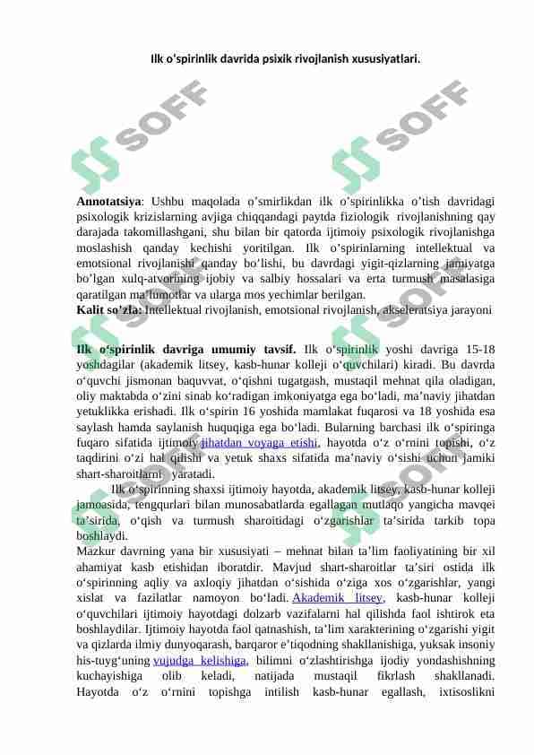 ilk o'spirinlik  rivojlanish davri