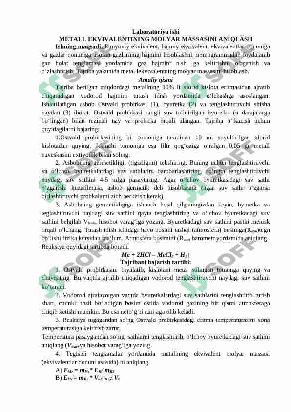 metall ekvivalentining molyar massasini aniqlash