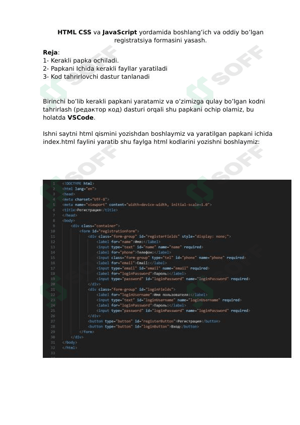 HTML, CSS va JavaScript yordamida Registratsiya formasini yasash bo'yicha qo'llanma.