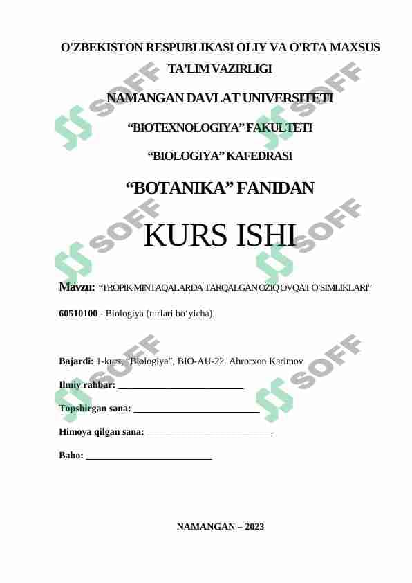 TROPIK MINTAQALARDA TARQALGAN OZIQ OVQAT O’SIMLIKLARI