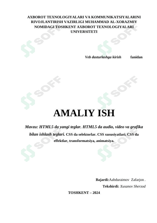 HTML5 da yangi teglar. HTML5 da audio, video va grafika bilan ishlash teglari. CSS da selektorlar. CSS xususiyatlari. CSS da effektlar, transformatsiya, animatsiya.
