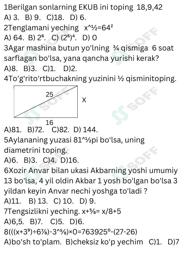 Majburiy matematikadan 10talik testlar.