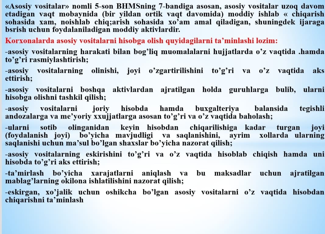 ASOSIY VOSITALAR VA NOMODDIY AKTIVLAR HISOBI