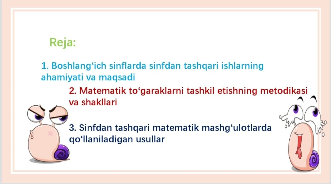 Mavzu : Matematik toʼgarakni oʼtkazish metodikasi.Boshlangʻich sinflarda sinfdan tashqari ishlning xususiyati