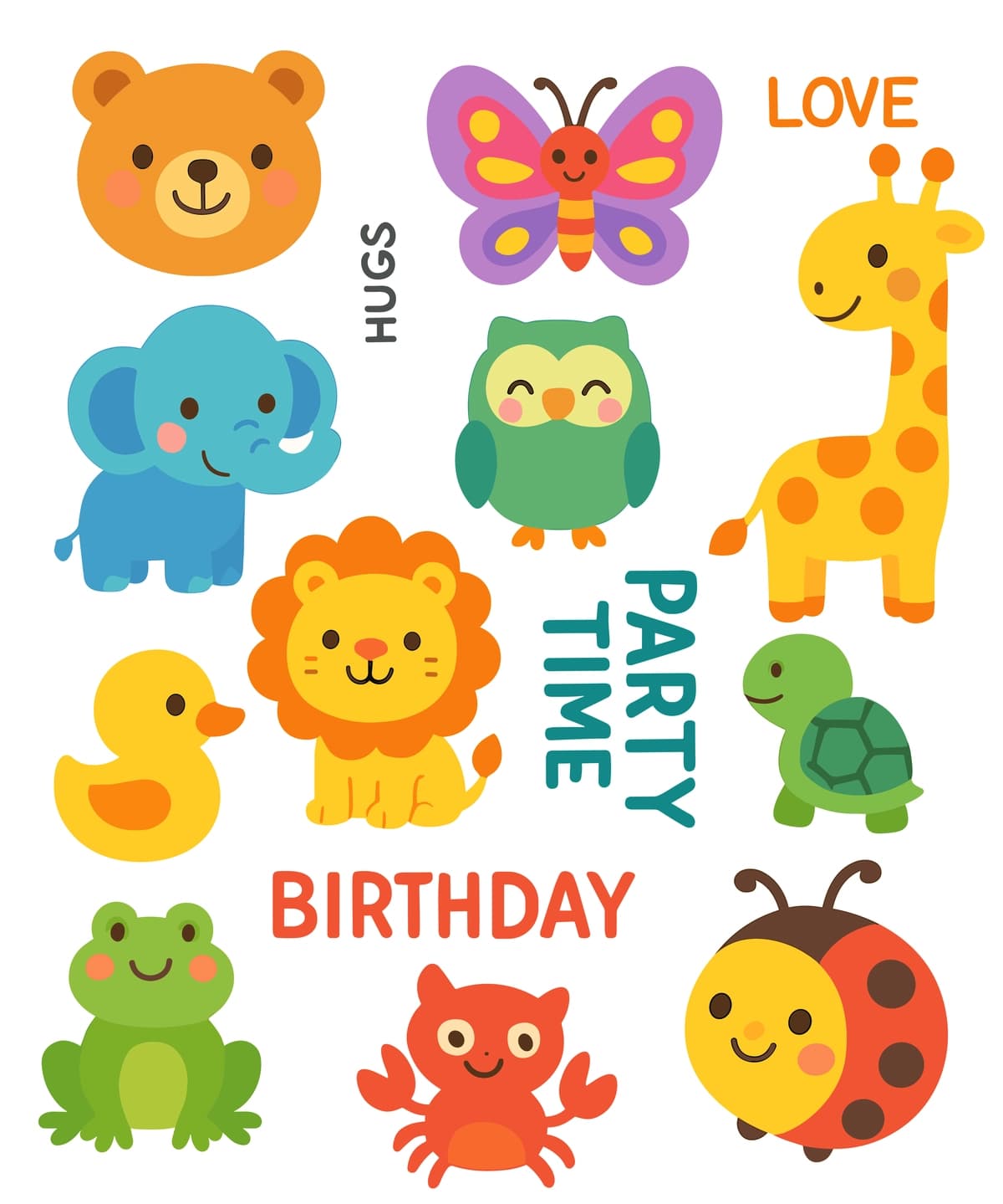 Yoqimli hayvonlar bayrami stikerlari toʻplami multfilm vektor piktogrammasi | Cute animal party sticker pack sheet cartoon vector icon illustration