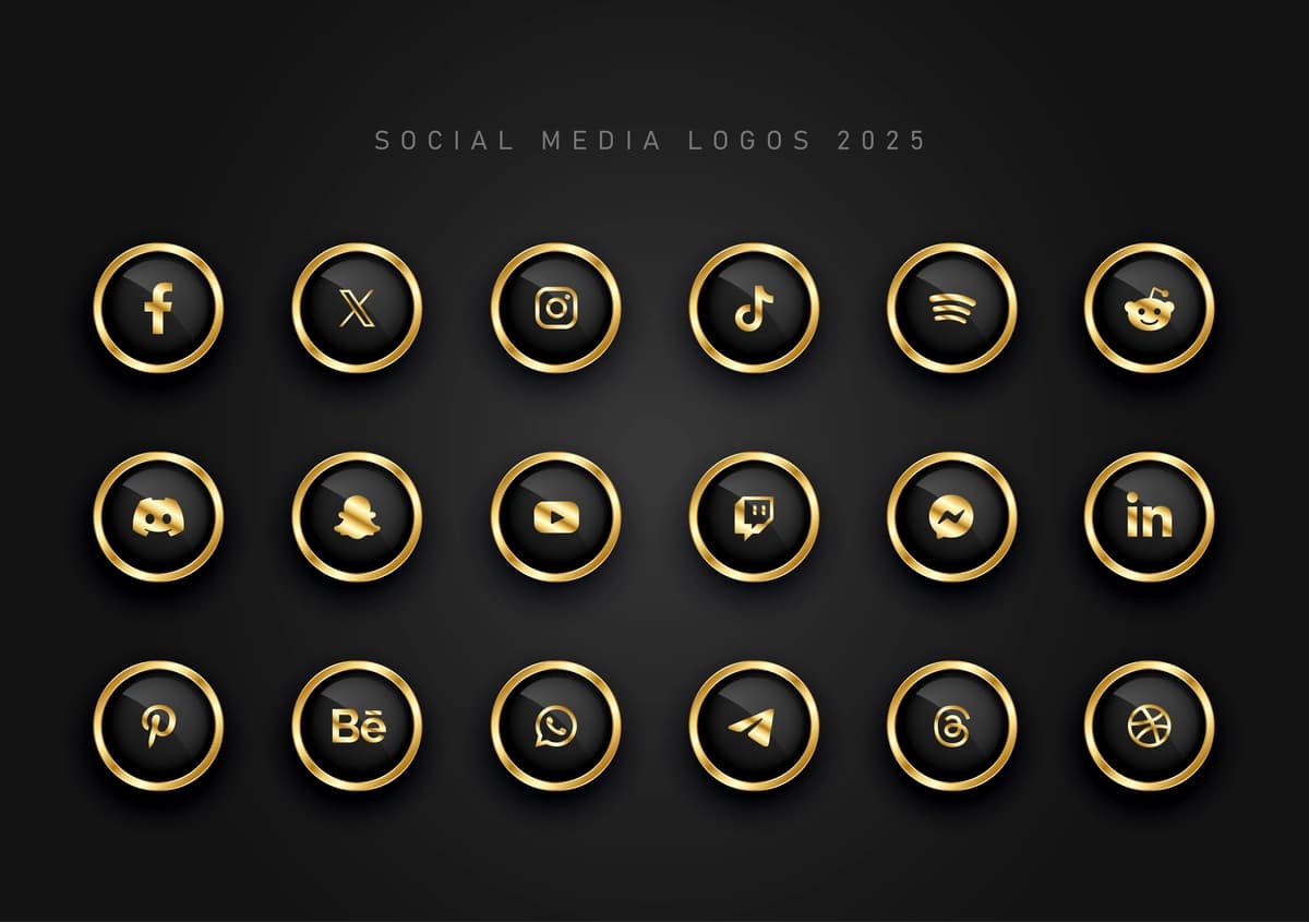 Zamonaviy metall oltin ijtimoiy media logotipi to'plami 2025 | Modern metallic gold social media logo collection 2025