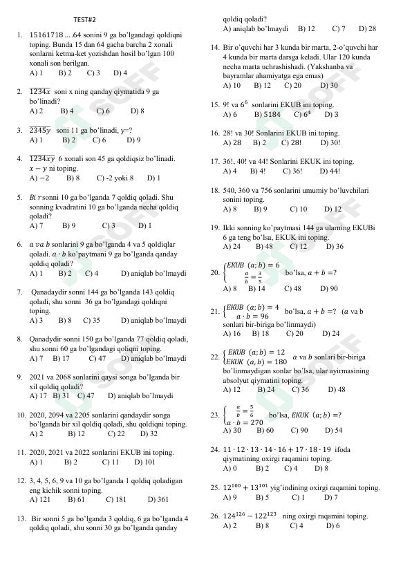 Matematika fanidan testlar 2