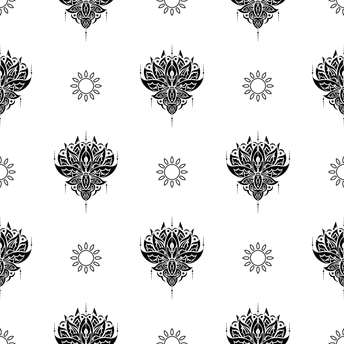 Lotus choksiz naqshli qora va oq rangli yaxshi fon rasmlari kiyimlar | Lotus seamless pattern black white good backgrounds prints apparel
