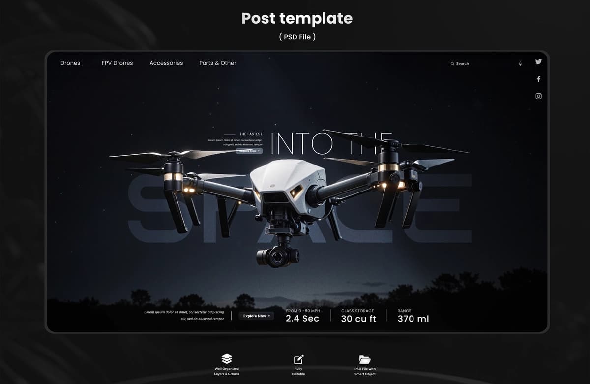 To'q fonli dron osmoni tushirilgan premium dron bannerlari | Premium drone banners with drone sky with dark background