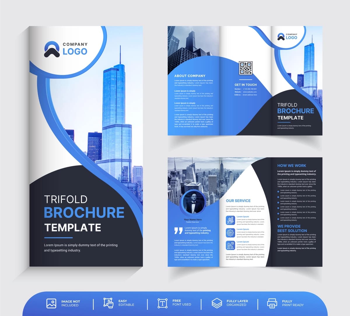Zamonaviy shakldagi premium vektorli ijodiy uch qavatli biznes broshyurasi | Creative trifold business brochure with modern shape premium vector