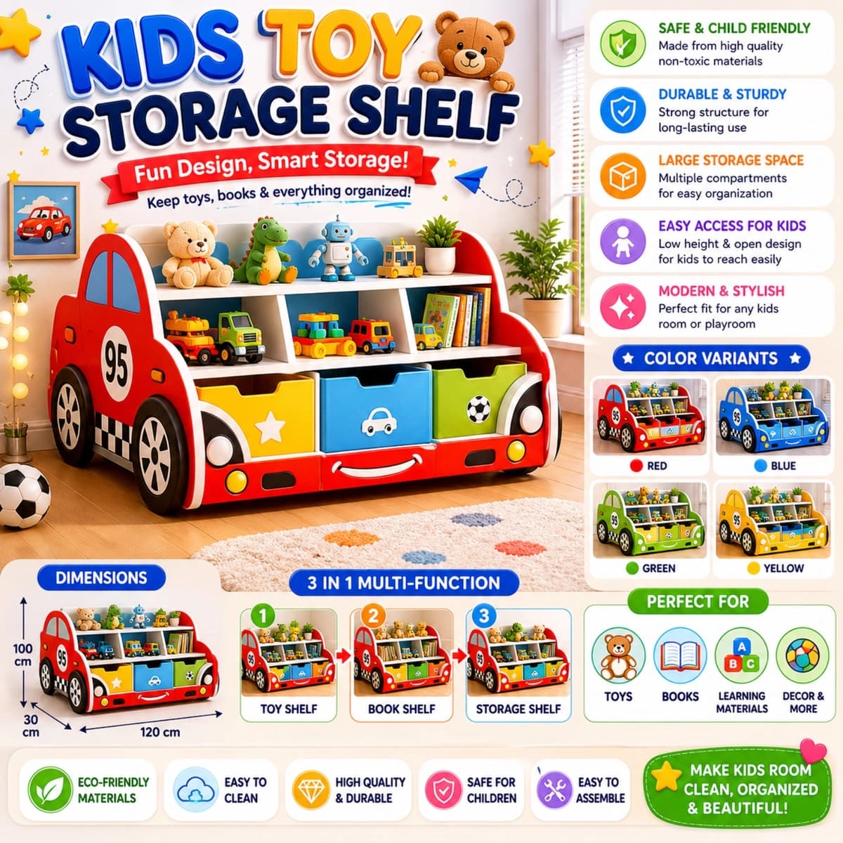 Kids Toy Storage Shelf Car Design