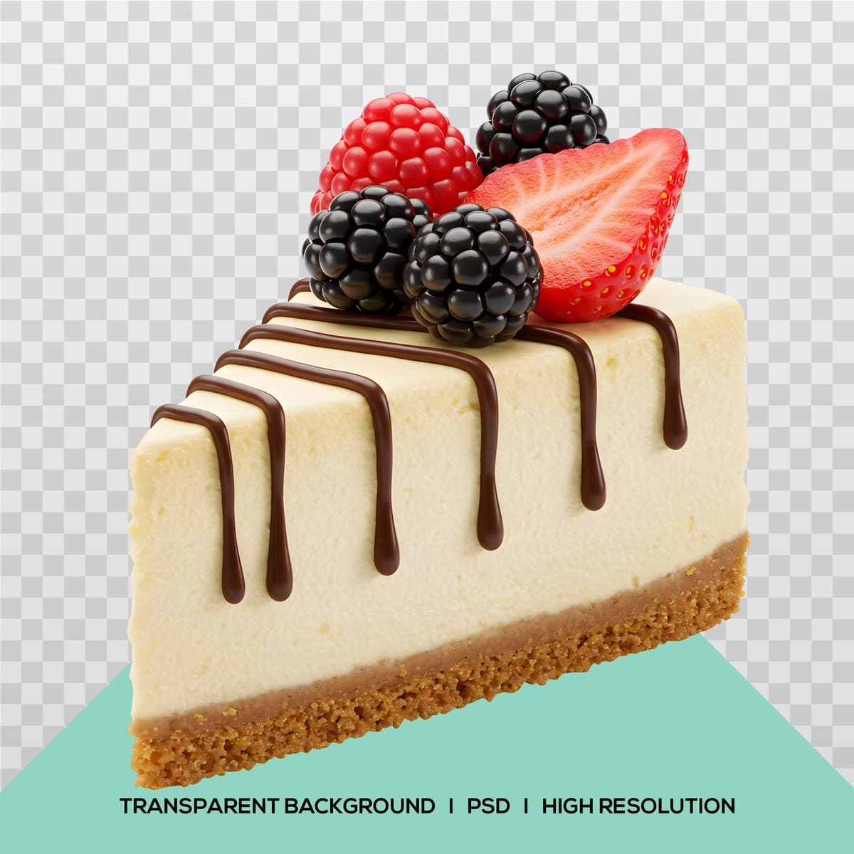 Yangi rezavorlar shokolad drizzle bilan Cheesecake tilim izolyatsiya shaffof | Cheesecake slice with fresh berries chocolate drizzle isolated transparent