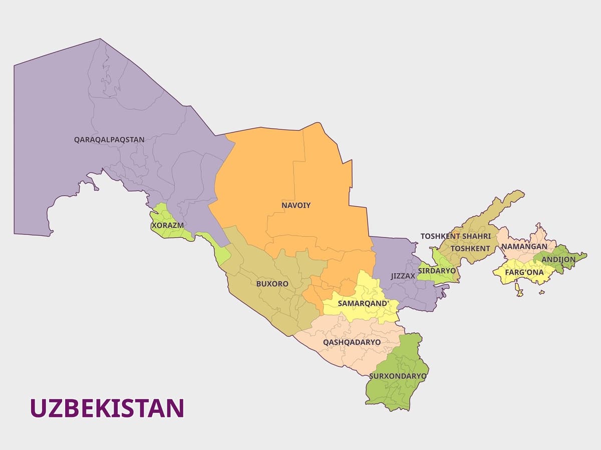 Oʻzbekiston viloyatlari maʼmuriy boʻlinishlari xaritasi | Map uzbekistan regions administrative divisions