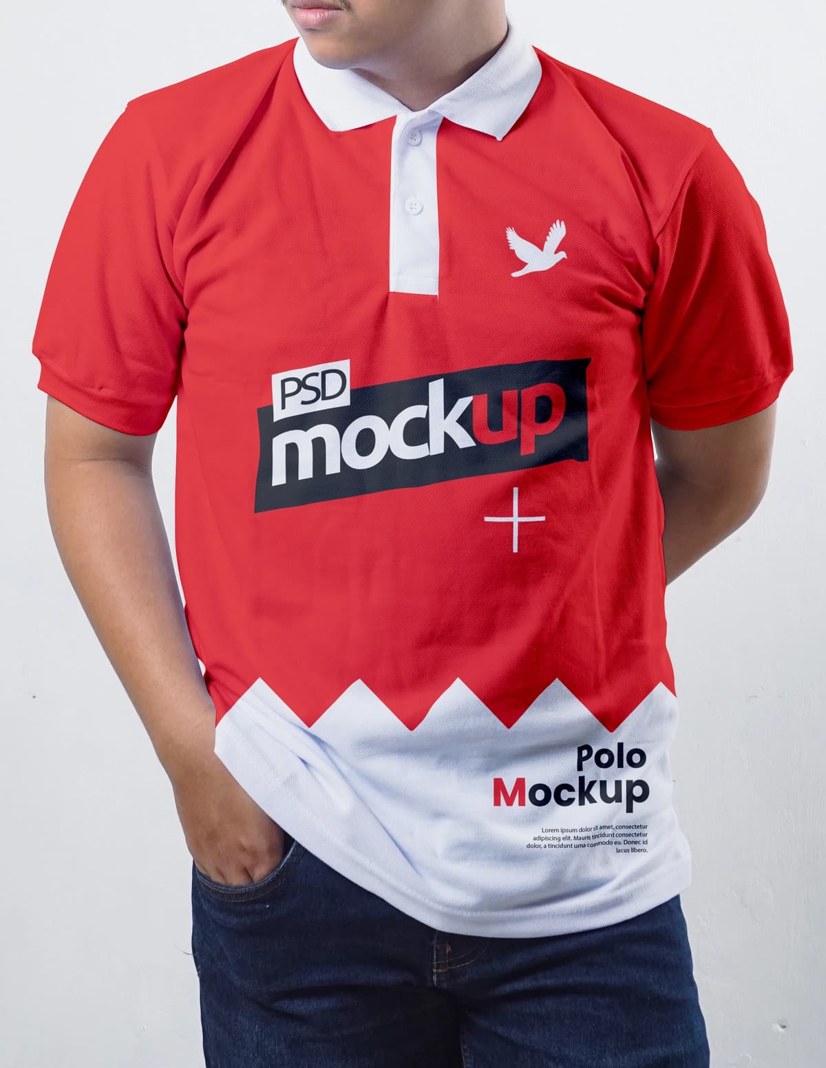 Oq yoqali dizayndagi qizil polo ko'ylak maketi | Red polo shirt mockup with white collar design