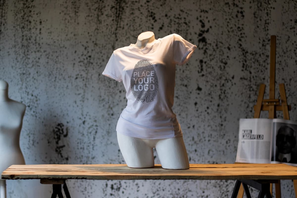 Logotipingizni yasang, deb yozilgan oq ko'ylakli maneken | Mannequin with white shirt that says make your logo it