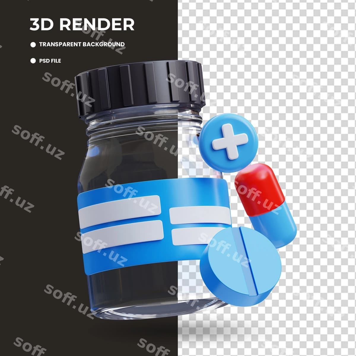 3d render dori shishasi tabletka | 3d render medicine bottle pills