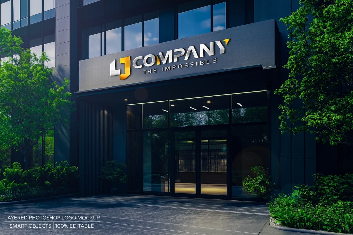 Fotorealistik 3D logotipi zamonaviy ofis binosining jabhasi | Photorealistic 3d logo mockup modern office building facade