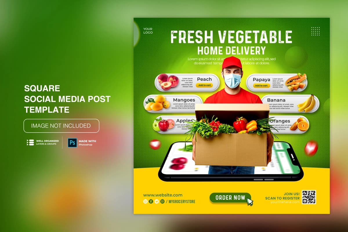 Sabzavotli mevali oziq-ovqat yetkazib berish ijtimoiy media instagram post shabloni | Vegetable fruit grocery delivery social media instagram post template