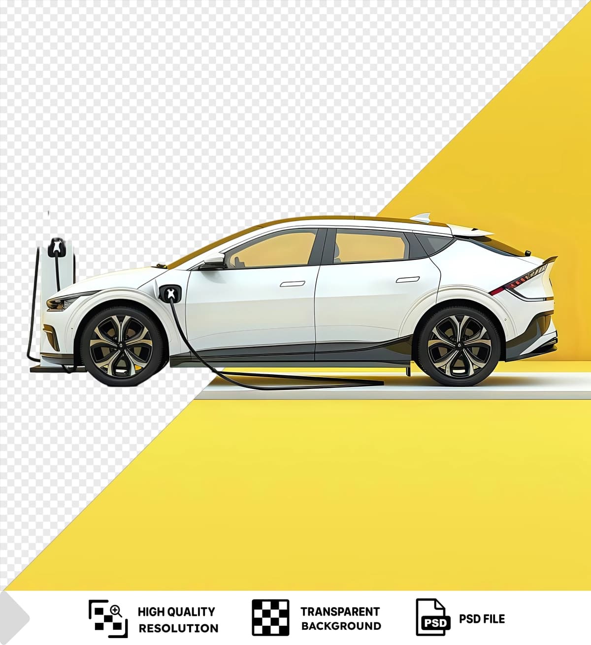 Sariq devor fonida oynali oq elektr avtomobil zaryadlash nuqtasi | White electric car charging point with yellow wall background glass