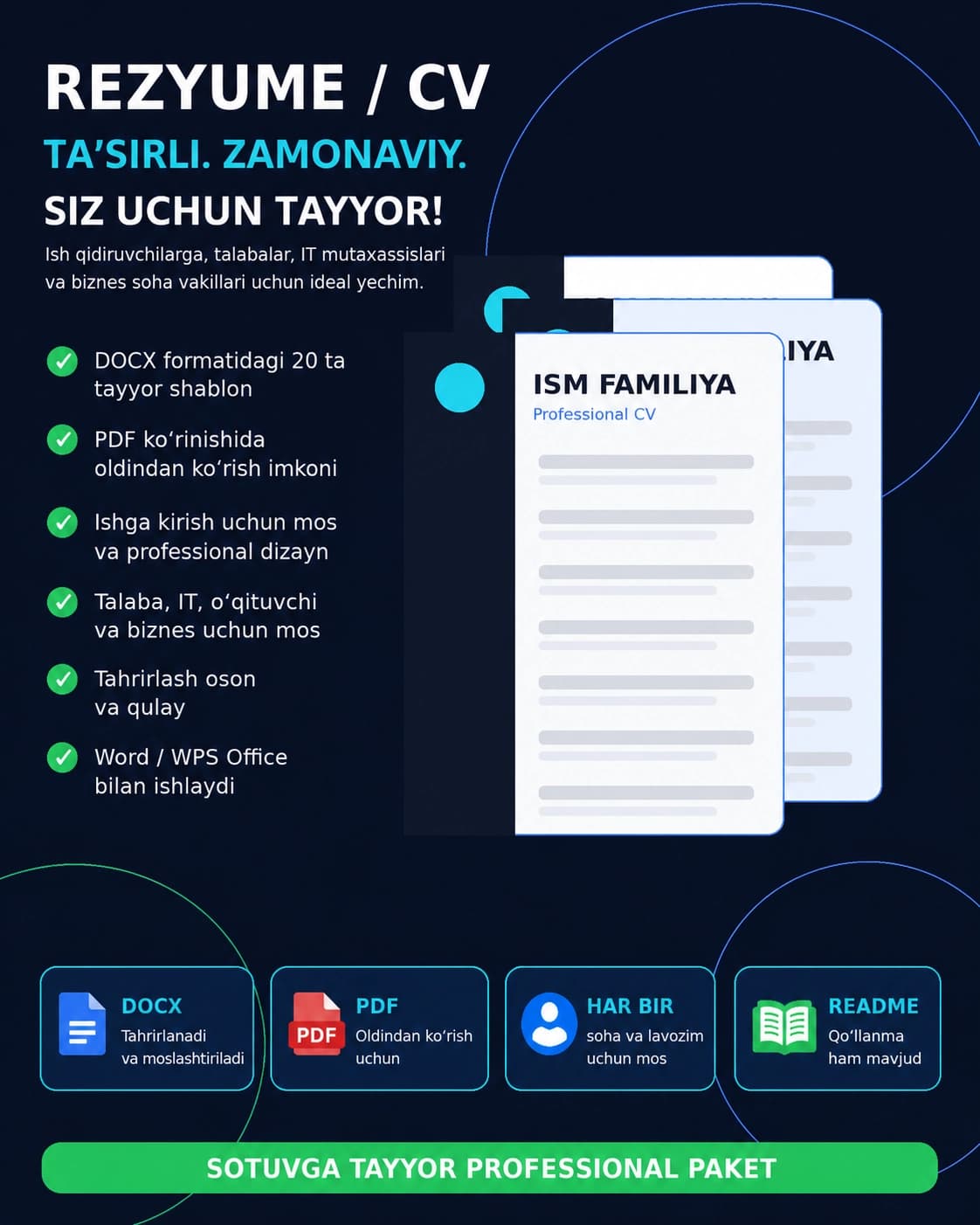 Rezyume va CV shablonlar paketi — 20 ta tayyor dizayn