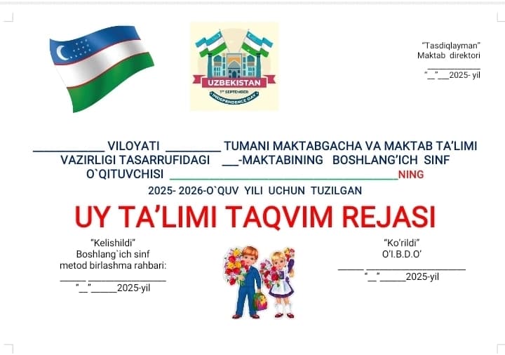 2-sinf uy ta'limi taqvim rejasi